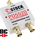 PD5520, DC blocking 2-way power divider combiner with BNC coaxial connectors spanning 698-2700 MHz