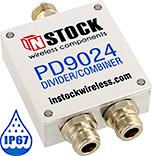 PD9024, IP67 outdoor weatherproof 2-way power divider combiner with N-type coaxial connectors spanning 698-2700 MHz
