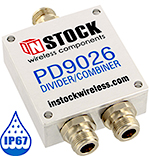 PD9026, IP67 outdoor weatherproof 2-way power divider combiner with N-type coaxial connectors spanning 698-2700 MHz